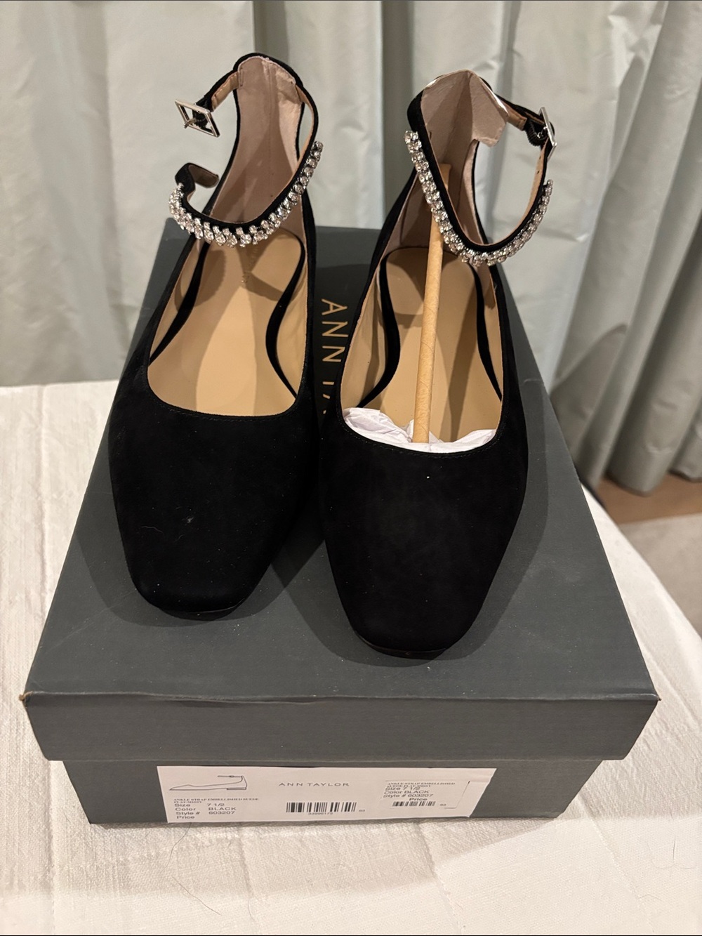 Ann Taylor Black Suede Crystal-Ankle Strap flats